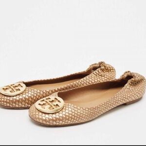Tory Burch Minnie Snakeskin Leather Gold-Tone Embossed Flats RUNS SMALL